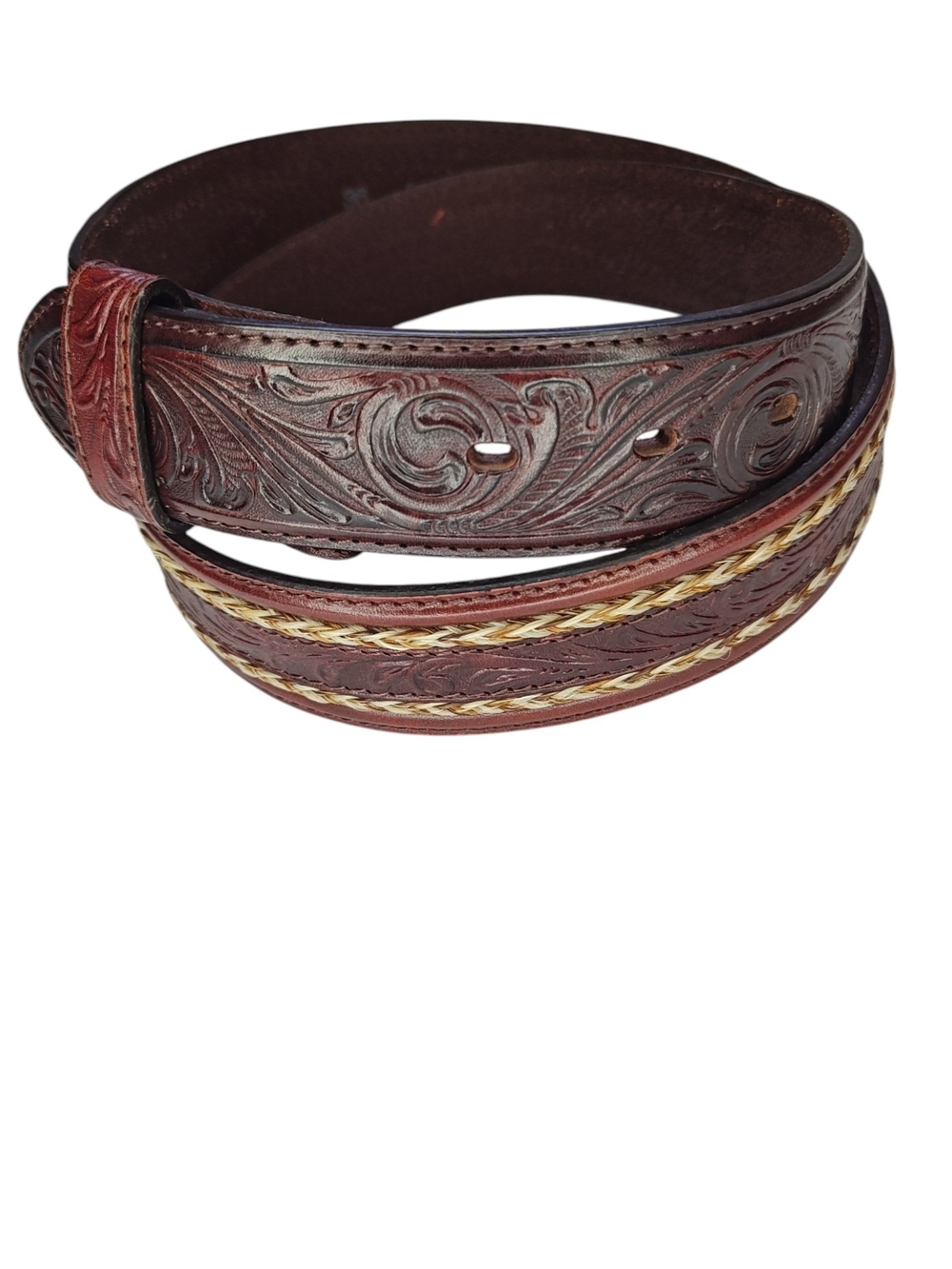 Justin Men's Western Tooled Brown Leather & Braided Horsehair Belt - Size 36